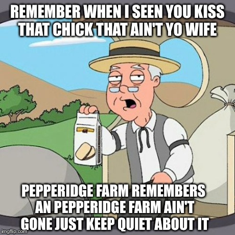 Pepperidge Farm Remembers | REMEMBER WHEN I SEEN YOU KISS THAT CHICK THAT AIN'T YO WIFE PEPPERIDGE FARM REMEMBERS AN PEPPERIDGE FARM AIN'T GONE JUST KEEP QUIET ABOUT IT | image tagged in memes,pepperidge farm remembers | made w/ Imgflip meme maker