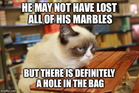 Grumpy Cat Table | HE MAY NOT HAVE LOST ALL OF HIS MARBLES BUT THERE IS DEFINITELY A HOLE IN THE BAG | image tagged in memes,grumpy cat table | made w/ Imgflip meme maker
