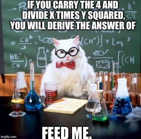 Chemistry Cat | IF YOU CARRY THE 4 AND DIVIDE X TIMES Y SQUARED, YOU WILL DERIVE THE ANSWER OF FEED ME. | image tagged in memes,chemistry cat | made w/ Imgflip meme maker