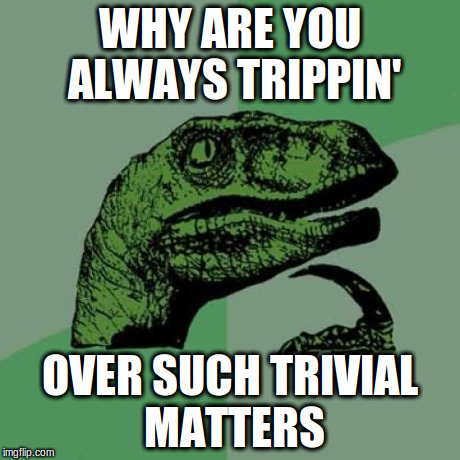 Philosoraptor Meme | WHY ARE YOU ALWAYS TRIPPIN' OVER SUCH TRIVIAL MATTERS | image tagged in memes,philosoraptor | made w/ Imgflip meme maker