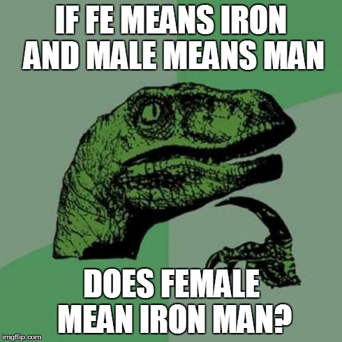 Philosoraptor | IF FE MEANS IRON AND MALE MEANS MAN DOES FEMALE MEAN IRON MAN? | image tagged in memes,philosoraptor | made w/ Imgflip meme maker