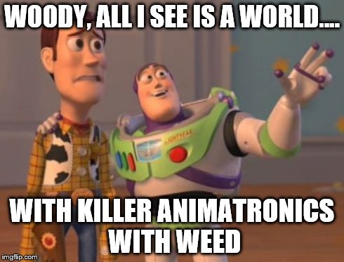X, X Everywhere Meme | WOODY, ALL I SEE IS A WORLD.... WITH KILLER ANIMATRONICS WITH WEED | image tagged in memes,x x everywhere | made w/ Imgflip meme maker