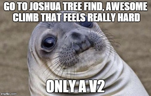 Awkward Moment Sealion Meme | GO TO JOSHUA TREE FIND, AWESOME CLIMB THAT FEELS REALLY HARD ONLY A V2 | image tagged in memes,awkward moment sealion | made w/ Imgflip meme maker