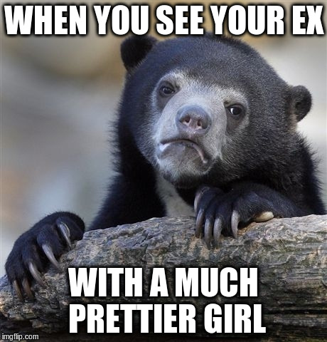 Confession Bear Meme | WHEN YOU SEE YOUR EX WITH A MUCH PRETTIER GIRL | image tagged in memes,confession bear | made w/ Imgflip meme maker