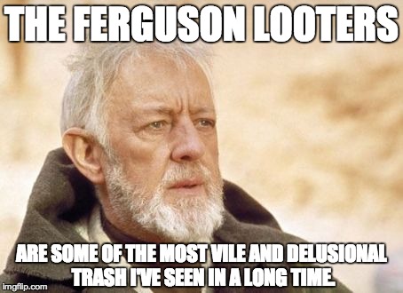 Obi Wan Kenobi Meme | THE FERGUSON LOOTERS ARE SOME OF THE MOST VILE AND DELUSIONAL TRASH I'VE SEEN IN A LONG TIME. | image tagged in memes,obi wan kenobi | made w/ Imgflip meme maker
