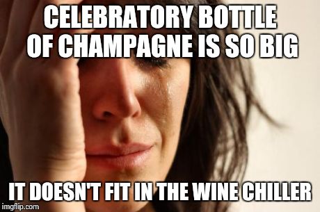 First World Problems Meme | CELEBRATORY BOTTLE OF CHAMPAGNE IS SO BIG IT DOESN'T FIT IN THE WINE CHILLER | image tagged in memes,first world problems,AdviceAnimals | made w/ Imgflip meme maker