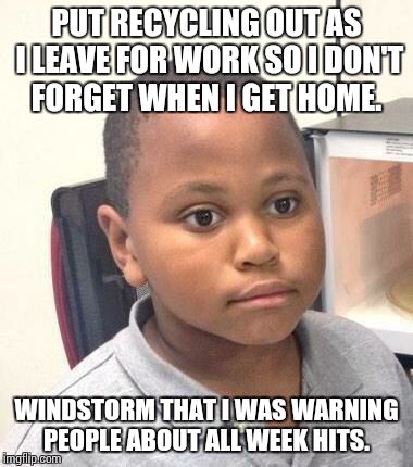 Minor Mistake Marvin | PUT RECYCLING OUT AS I LEAVE FOR WORK SO I DON'T FORGET WHEN I GET HOME. WINDSTORM THAT I WAS WARNING PEOPLE ABOUT ALL WEEK HITS. | image tagged in memes,minor mistake marvin | made w/ Imgflip meme maker