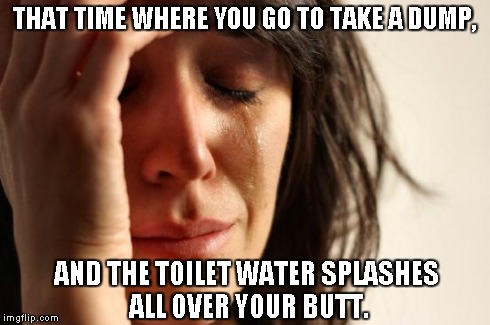 First World Problems in the Bathroom | THAT TIME WHERE YOU GO TO TAKE A DUMP, AND THE TOILET WATER SPLASHES ALL OVER YOUR BUTT. | image tagged in memes,first world problems,bathroom | made w/ Imgflip meme maker