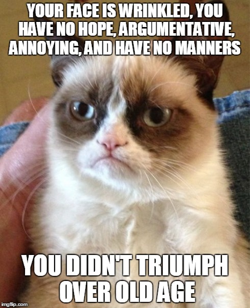 Grumpy Cat Meme | YOUR FACE IS WRINKLED, YOU HAVE NO HOPE, ARGUMENTATIVE, ANNOYING, AND HAVE NO MANNERS YOU DIDN'T TRIUMPH OVER OLD AGE | image tagged in memes,grumpy cat,sfw | made w/ Imgflip meme maker