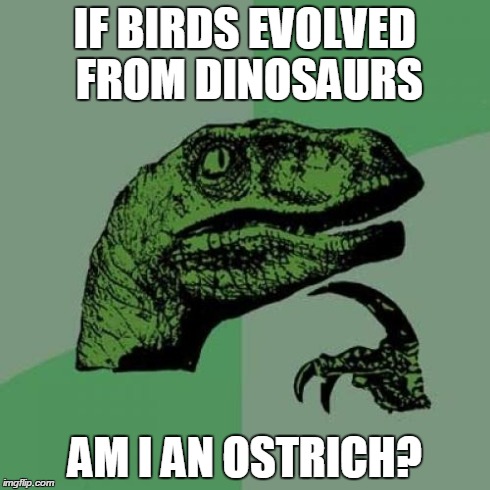 Philosoraptor Meme | IF BIRDS EVOLVED FROM DINOSAURS AM I AN OSTRICH? | image tagged in memes,philosoraptor | made w/ Imgflip meme maker