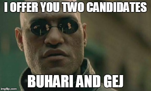 Naija 2015 | I OFFER YOU TWO CANDIDATES BUHARI AND GEJ | image tagged in memes,matrix morpheus | made w/ Imgflip meme maker