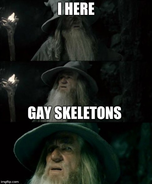 Confused Gandalf Meme | I HERE GAY SKELETONS | image tagged in memes,confused gandalf | made w/ Imgflip meme maker