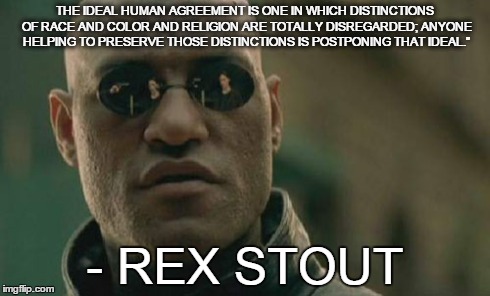 Matrix Morpheus Meme | THE IDEAL HUMAN AGREEMENT IS ONE IN WHICH DISTINCTIONS OF RACE AND COLOR AND RELIGION ARE TOTALLY DISREGARDED; ANYONE HELPING TO PRESERVE TH | image tagged in memes,matrix morpheus | made w/ Imgflip meme maker