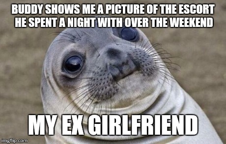 Awkward Moment Sealion | BUDDY SHOWS ME A PICTURE OF THE ESCORT HE SPENT A NIGHT WITH OVER THE WEEKEND MY EX GIRLFRIEND | image tagged in memes,awkward moment sealion | made w/ Imgflip meme maker