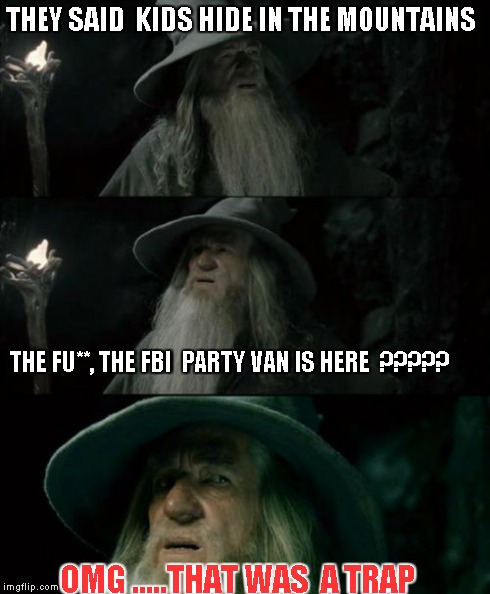 Confused Gandalf | THEY SAID  KIDS HIDE IN THE MOUNTAINS THE FU**, THE FBI  PARTY VAN IS HERE  ????? OMG .....THAT WAS  A TRAP | image tagged in memes,confused gandalf | made w/ Imgflip meme maker