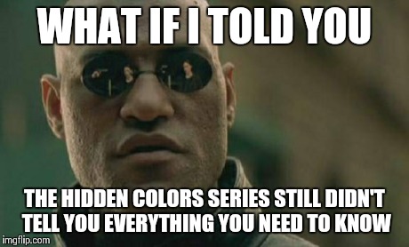 Matrix Morpheus Meme | WHAT IF I TOLD YOU THE HIDDEN COLORS SERIES STILL DIDN'T TELL YOU EVERYTHING YOU NEED TO KNOW | image tagged in memes,matrix morpheus | made w/ Imgflip meme maker