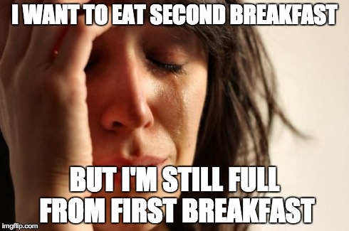 First World Problems Meme | I WANT TO EAT SECOND BREAKFAST BUT I'M STILL FULL FROM FIRST BREAKFAST | image tagged in memes,first world problems | made w/ Imgflip meme maker