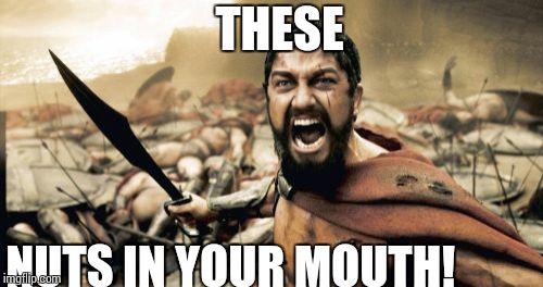 Sparta Leonidas | THESE NUTS IN YOUR MOUTH! | image tagged in memes,sparta leonidas | made w/ Imgflip meme maker