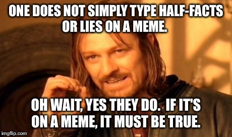 One Does Not Simply | ONE DOES NOT SIMPLY TYPE HALF-FACTS OR LIES ON A MEME. OH WAIT, YES THEY DO. 
IF IT'S ON A MEME, IT MUST BE TRUE. | image tagged in memes,one does not simply | made w/ Imgflip meme maker