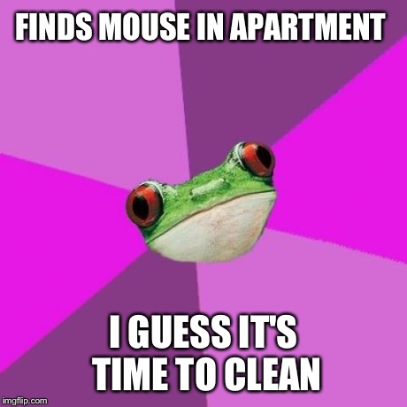 Foul Bachelorette Frog | FINDS MOUSE IN APARTMENT I GUESS IT'S TIME TO CLEAN | image tagged in memes,foul bachelorette frog,AdviceAnimals | made w/ Imgflip meme maker