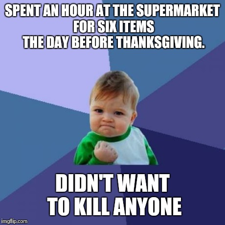 Success Kid Meme | SPENT AN HOUR AT THE SUPERMARKET FOR SIX ITEMS THE DAY BEFORE THANKSGIVING. DIDN'T WANT TO KILL ANYONE | image tagged in memes,success kid,AdviceAnimals | made w/ Imgflip meme maker