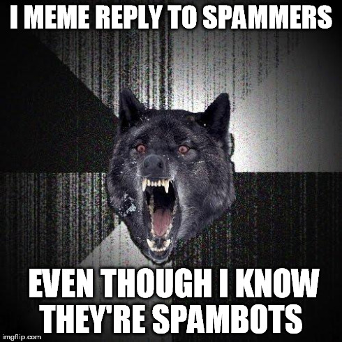 I know it's useless. It just feels good | I MEME REPLY TO SPAMMERS EVEN THOUGH I KNOW THEY'RE SPAMBOTS | image tagged in memes,insanity wolf | made w/ Imgflip meme maker