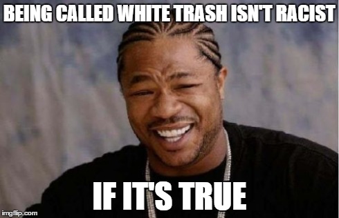 Yo Dawg Heard You | BEING CALLED WHITE TRASH ISN'T RACIST IF IT'S TRUE | image tagged in memes,yo dawg heard you | made w/ Imgflip meme maker