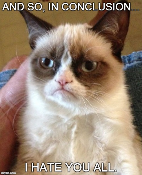 I hate you all | AND SO, IN CONCLUSION... I HATE YOU ALL. | image tagged in memes,grumpy cat | made w/ Imgflip meme maker