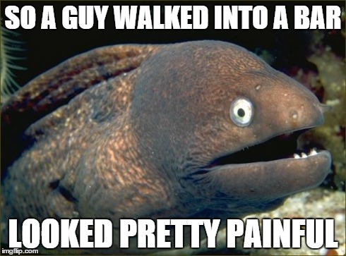 Bad Joke Eel Meme | SO A GUY WALKED INTO A BAR LOOKED PRETTY PAINFUL | image tagged in memes,bad joke eel | made w/ Imgflip meme maker