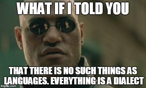 Matrix Morpheus Meme | WHAT IF I TOLD YOU THAT THERE IS NO SUCH THINGS AS LANGUAGES. EVERYTHING IS A DIALECT | image tagged in memes,matrix morpheus | made w/ Imgflip meme maker