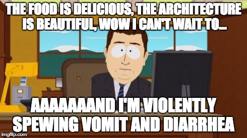 Aaaaand Its Gone | THE FOOD IS DELICIOUS, THE ARCHITECTURE IS BEAUTIFUL, WOW I CAN'T WAIT TO... AAAAAAAND I'M VIOLENTLY SPEWING VOMIT AND DIARRHEA | image tagged in memes,aaaaand its gone | made w/ Imgflip meme maker