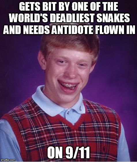 Jonster123 made me think of this and it's actually a true story. | GETS BIT BY ONE OF THE WORLD'S DEADLIEST SNAKES AND NEEDS ANTIDOTE FLOWN IN ON 9/11 | image tagged in memes,bad luck brian | made w/ Imgflip meme maker