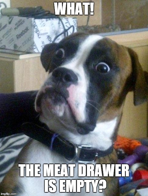 Suprised Boxer | WHAT! THE MEAT DRAWER IS EMPTY? | image tagged in suprised boxer | made w/ Imgflip meme maker