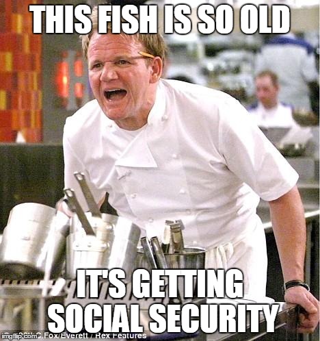 Chef Gordon Ramsay Meme | THIS FISH IS SO OLD IT'S GETTING SOCIAL SECURITY | image tagged in memes,chef gordon ramsay | made w/ Imgflip meme maker