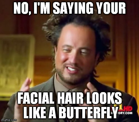 Ancient Aliens Meme | NO, I'M SAYING YOUR FACIAL HAIR LOOKS LIKE A BUTTERFLY | image tagged in memes,ancient aliens | made w/ Imgflip meme maker