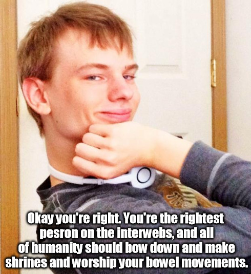 Overly smug victory guy | Okay you're right. You're the rightest pesron on the interwebs, and all of humanity should bow down and make shrines and worship your bowel  | image tagged in overly smug victory guy,memes | made w/ Imgflip meme maker