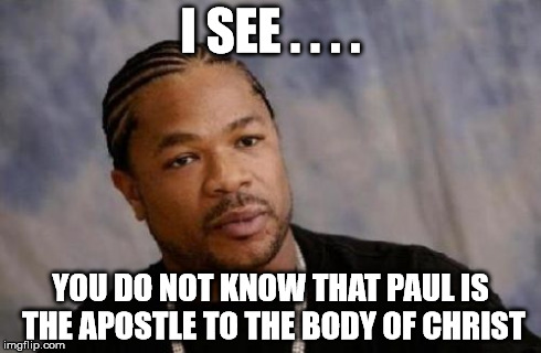 Serious Xzibit | I SEE . . . . YOU DO NOT KNOW THAT PAUL IS THE APOSTLE TO THE BODY OF CHRIST | image tagged in memes,serious xzibit | made w/ Imgflip meme maker