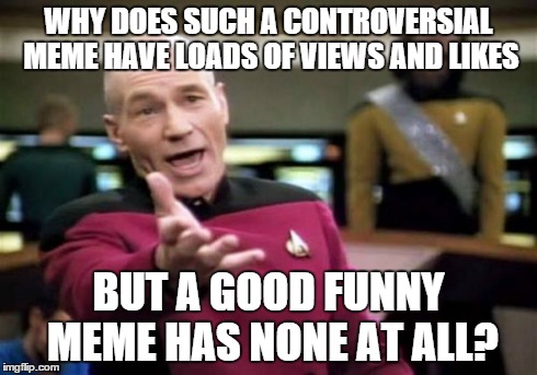 Looking over my top images | WHY DOES SUCH A CONTROVERSIAL MEME HAVE LOADS OF VIEWS AND LIKES BUT A GOOD FUNNY MEME HAS NONE AT ALL? | image tagged in memes,picard wtf | made w/ Imgflip meme maker
