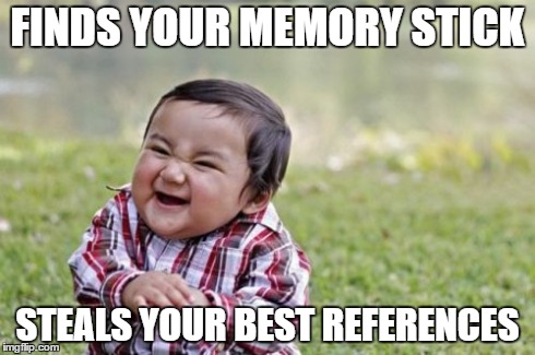 Evil Toddler Meme | FINDS YOUR MEMORY STICK STEALS YOUR BEST REFERENCES | image tagged in memes,evil toddler | made w/ Imgflip meme maker