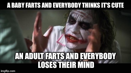 And everybody loses their minds | A BABY FARTS AND EVERYBODY THINKS IT'S CUTE AN ADULT FARTS AND EVERYBODY LOSES THEIR MIND | image tagged in memes,and everybody loses their minds | made w/ Imgflip meme maker