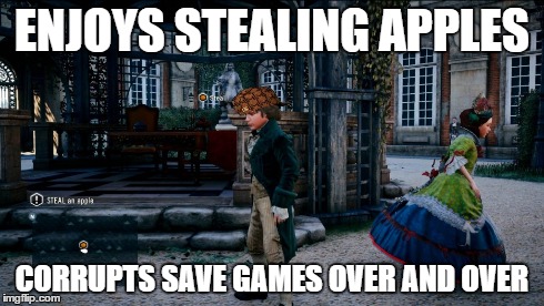 ENJOYS STEALING APPLES CORRUPTS SAVE GAMES OVER AND OVER | made w/ Imgflip meme maker