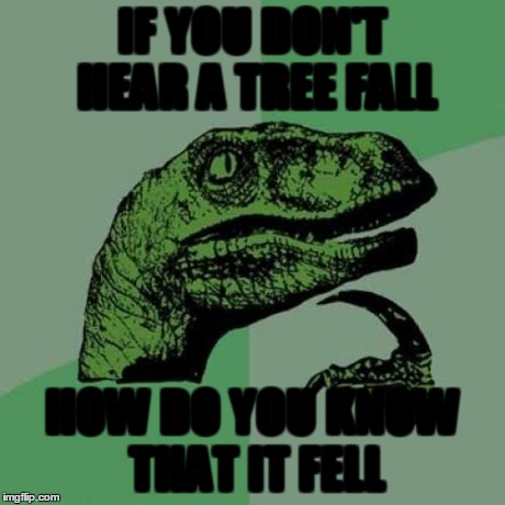 Philosoraptor | IF YOU DON'T HEAR A TREE FALL HOW DO YOU KNOW THAT IT FELL | image tagged in memes,philosoraptor | made w/ Imgflip meme maker