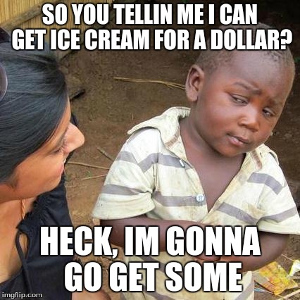 Third World Skeptical Kid | SO YOU TELLIN ME I CAN GET ICE CREAM FOR A DOLLAR? HECK, IM GONNA GO GET SOME | image tagged in memes,third world skeptical kid | made w/ Imgflip meme maker