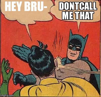 Batman Slapping Robin Meme | HEY BRU- DONTCALL ME THAT | image tagged in memes,batman slapping robin | made w/ Imgflip meme maker