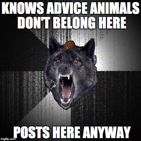 Insanity Wolf Meme | KNOWS ADVICE ANIMALS DON'T BELONG HERE POSTS HERE ANYWAY | image tagged in memes,insanity wolf,scumbag | made w/ Imgflip meme maker