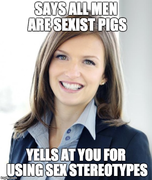 SAYS ALL MEN ARE SEXIST PIGS YELLS AT YOU FOR USING SEX STEREOTYPES | image tagged in hypocrite feminist | made w/ Imgflip meme maker