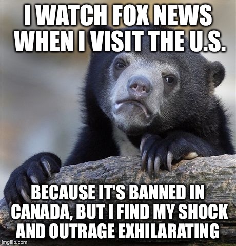 Confession Bear Meme | I WATCH FOX NEWS WHEN I VISIT THE U.S. BECAUSE IT'S BANNED IN CANADA, BUT I FIND MY SHOCK AND OUTRAGE EXHILARATING | image tagged in memes,confession bear,AdviceAnimals | made w/ Imgflip meme maker