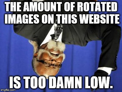 its opposite day. | THE AMOUNT OF ROTATED IMAGES ON THIS WEBSITE IS TOO DAMN LOW. | image tagged in memes,too damn high | made w/ Imgflip meme maker