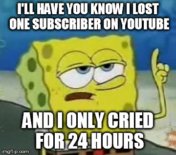 I'll Have You Know Spongebob | I'LL HAVE YOU KNOW I LOST ONE SUBSCRIBER ON YOUTUBE AND I ONLY CRIED FOR 24 HOURS | image tagged in memes,ill have you know spongebob | made w/ Imgflip meme maker