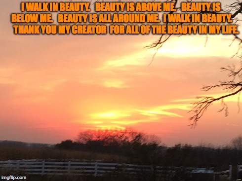 Beauty | I WALK IN BEAUTY. 
 BEAUTY IS ABOVE ME.   BEAUTY IS BELOW ME.   BEAUTY IS ALL AROUND ME.  I WALK IN BEAUTY.      THANK YOU MY CREATOR  FOR A | made w/ Imgflip meme maker